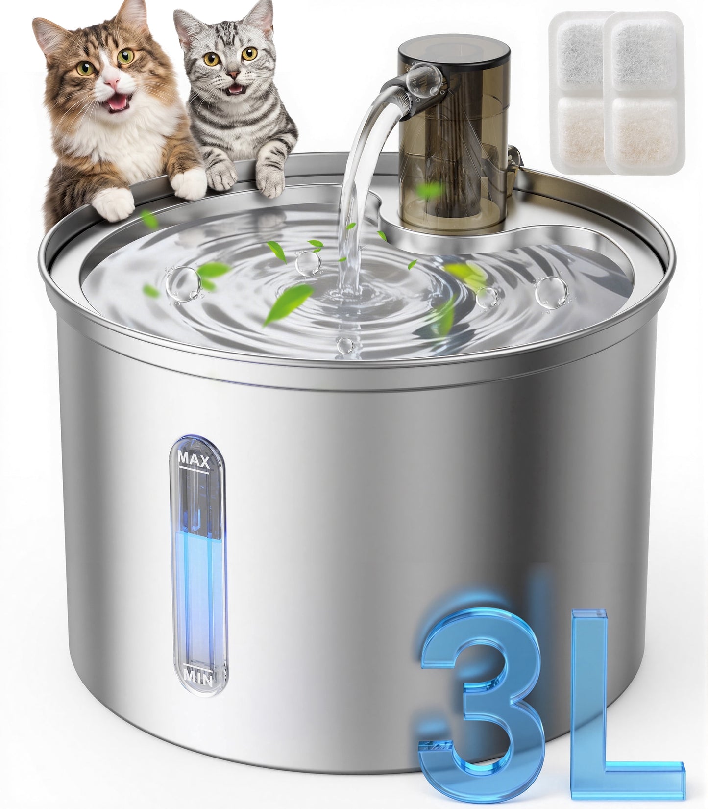 PWF-002 Cat Water Fountain Stainless Steel 304, 3L/101Oz Cats Love Water Fountains for Cats Indoor, Low Noise Cat Fountains for Drinking, Silver