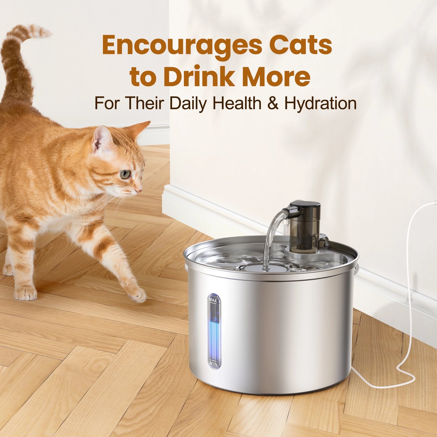 PWF-002 Cat Water Fountain Stainless Steel 304, 3L/101Oz Cats Love Water Fountains for Cats Indoor, Low Noise Cat Fountains for Drinking, Silver