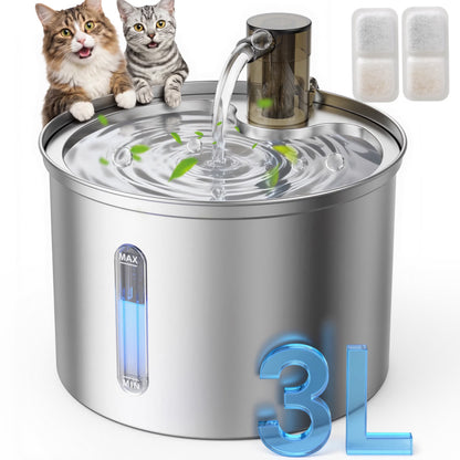 PWF-002 Cat Water Fountain Stainless Steel 304, 3L/101Oz Cats Love Water Fountains for Cats Indoor, Low Noise Cat Fountains for Drinking, Silver