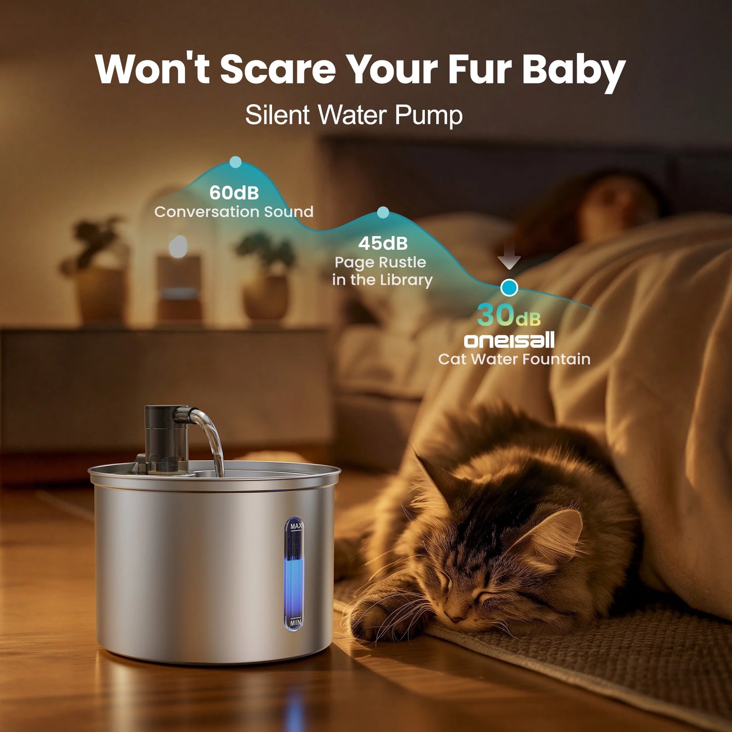 PWF-002 Cat Water Fountain Stainless Steel 304, 3L/101Oz Cats Love Water Fountains for Cats Indoor, Low Noise Cat Fountains for Drinking, Silver