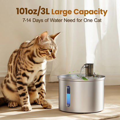 PWF-002 Cat Water Fountain Stainless Steel 304, 3L/101Oz Cats Love Water Fountains for Cats Indoor, Low Noise Cat Fountains for Drinking, Silver